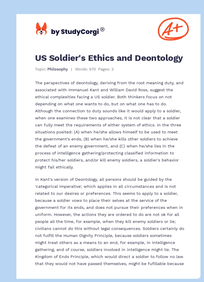 US Soldier's Ethics and Deontology. Page 1