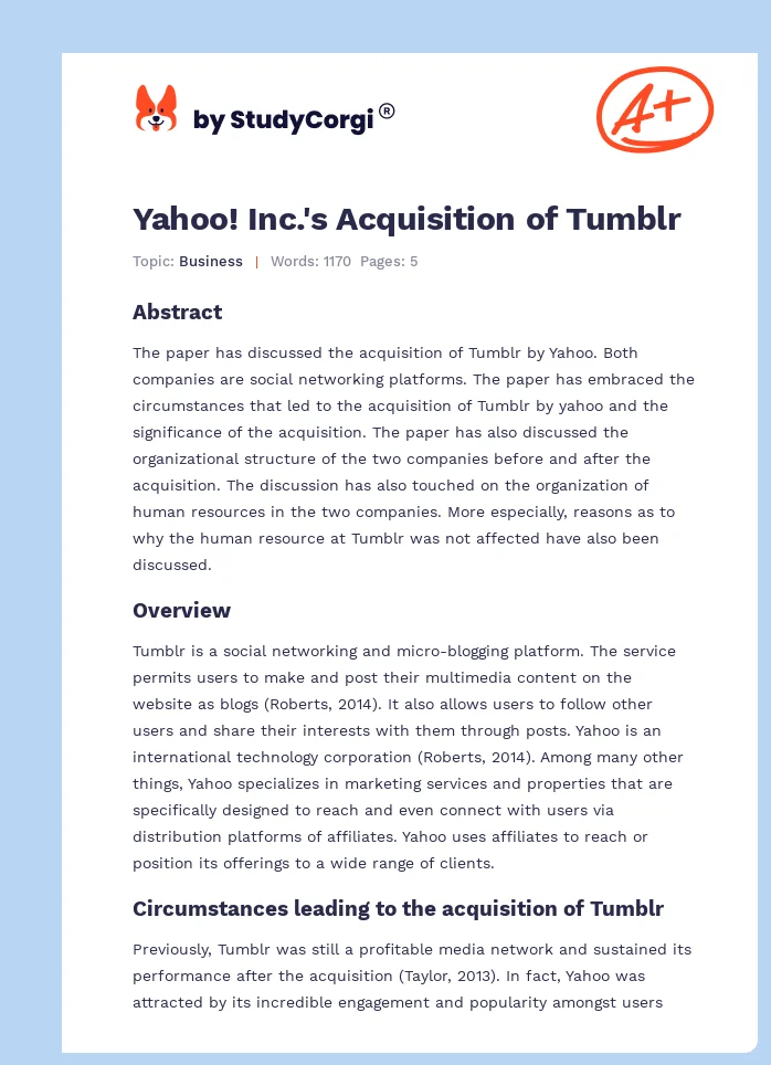 Yahoo! Inc.'s Acquisition of Tumblr. Page 1