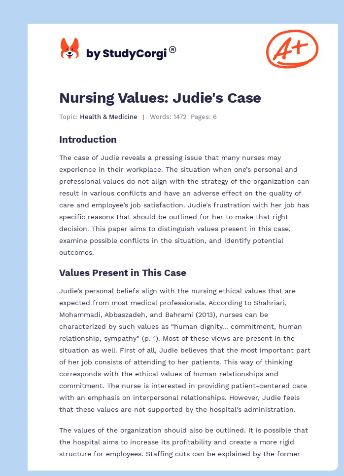Nursing Values: Judie's Case. Page 1