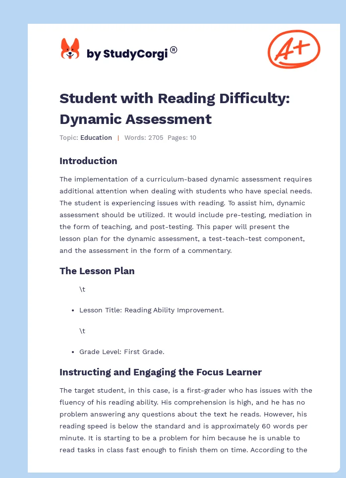 Student with Reading Difficulty: Dynamic Assessment. Page 1