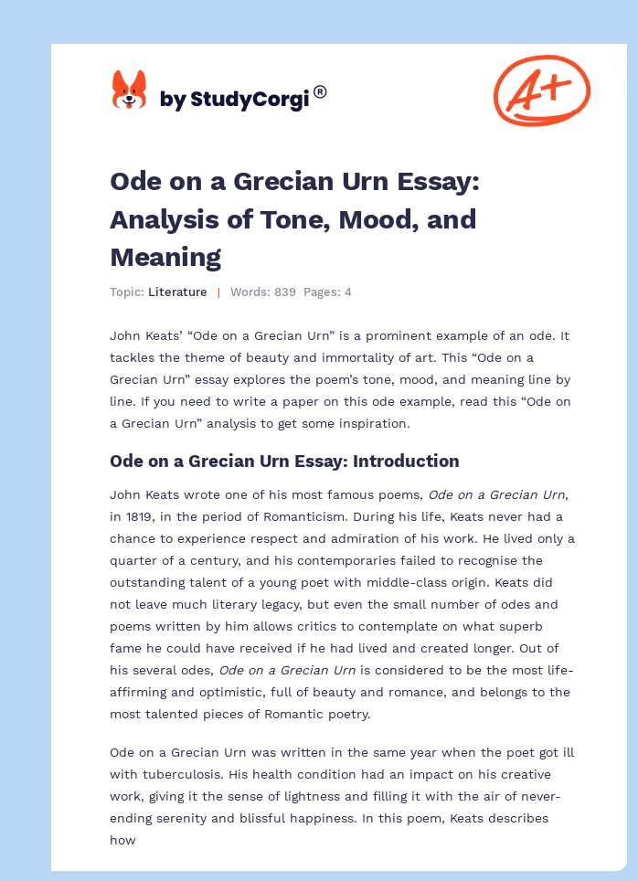 Ode on a Grecian Urn Essay: Analysis of Tone, Mood, and Meaning. Page 1