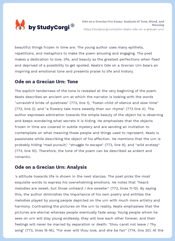 Ode on a Grecian Urn Essay: Analysis of Tone, Mood, and Meaning. Page 2