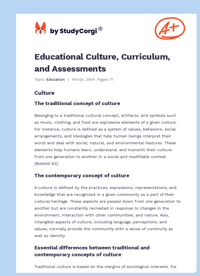 Educational Culture, Curriculum, and Assessments. Page 1