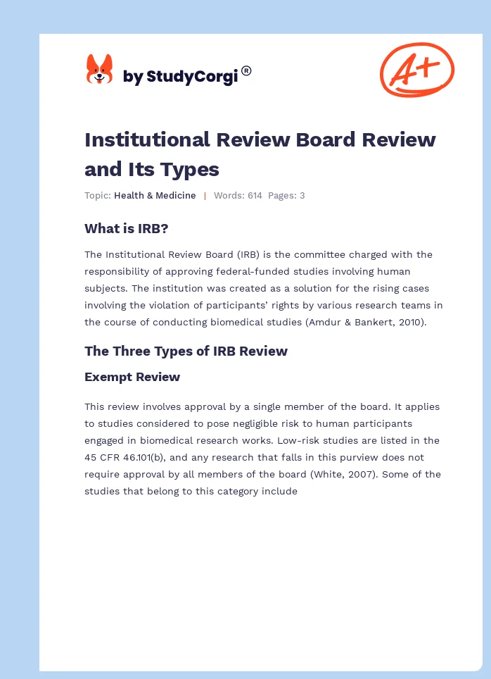 Institutional Review Board Review and Its Types. Page 1