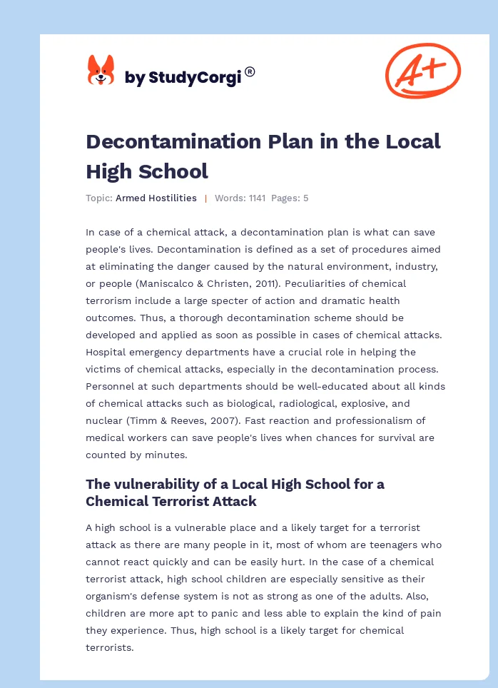 Decontamination Plan in the Local High School. Page 1