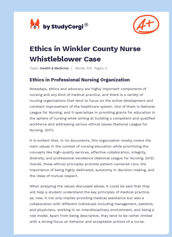 Ethics in Winkler County Nurse Whistleblower Case. Page 1