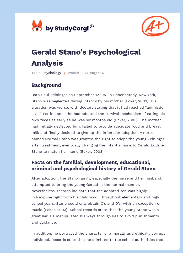 Gerald Stano's Psychological Analysis. Page 1
