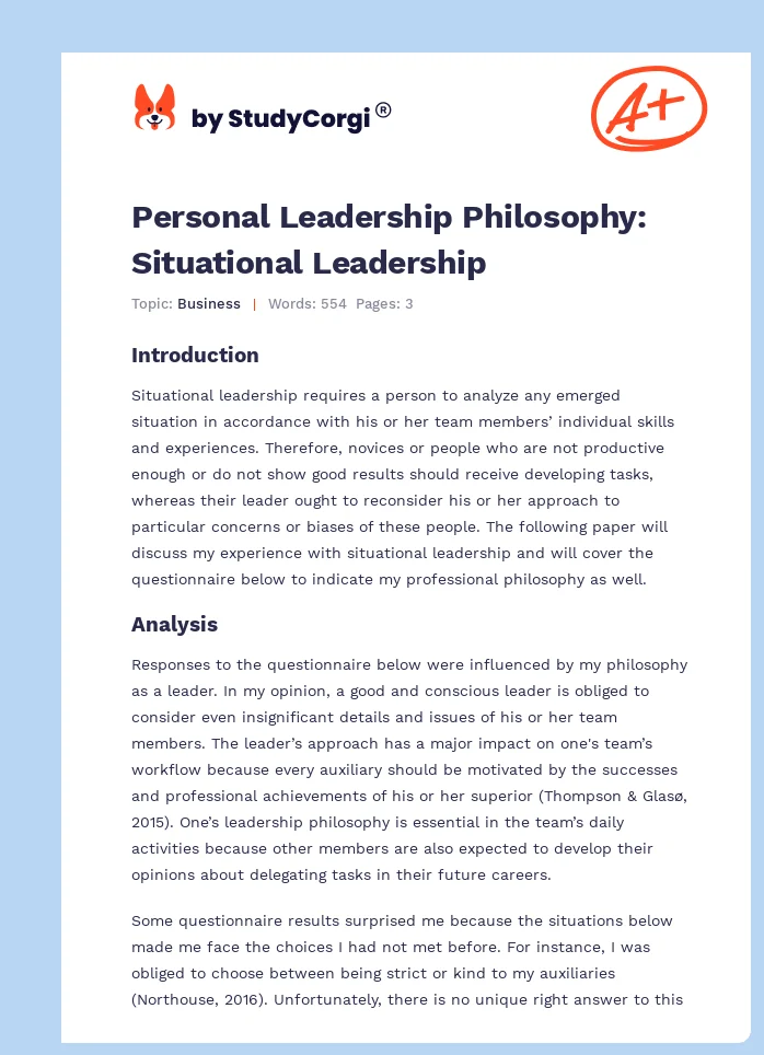 Personal Leadership Philosophy: Situational Leadership. Page 1