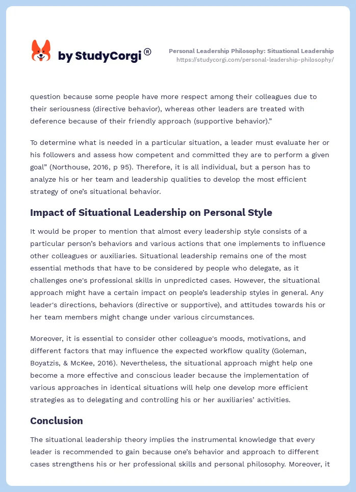 Personal Leadership Philosophy: Situational Leadership. Page 2