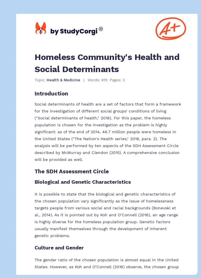 Homeless Community's Health and Social Determinants. Page 1