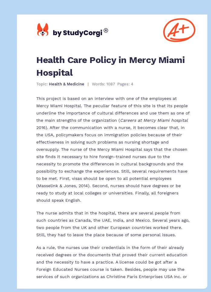 Health Care Policy in Mercy Miami Hospital. Page 1