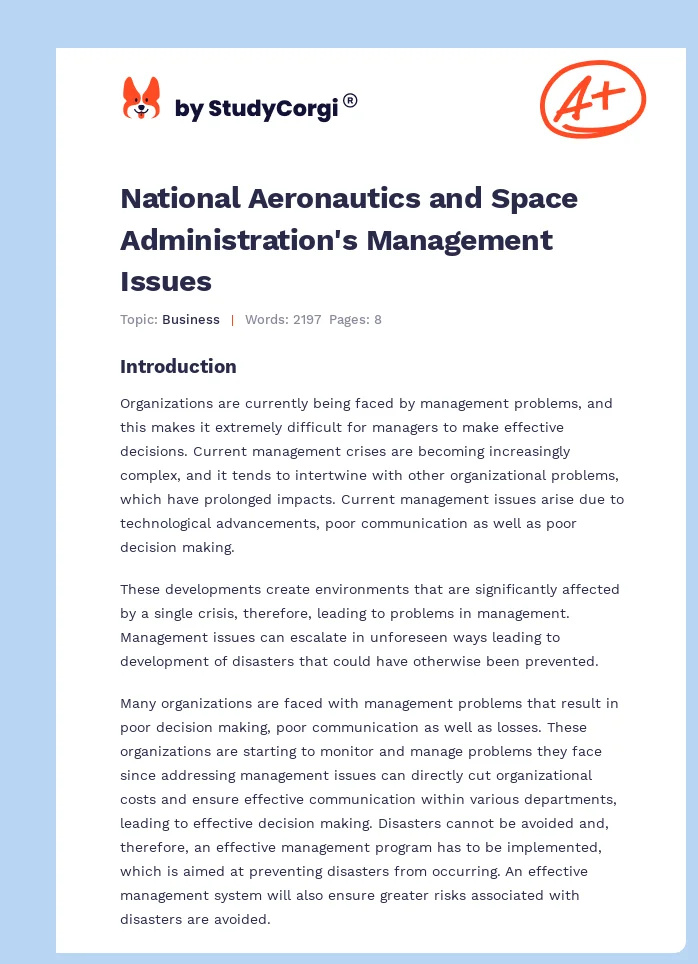 National Aeronautics and Space Administration's Management Issues. Page 1