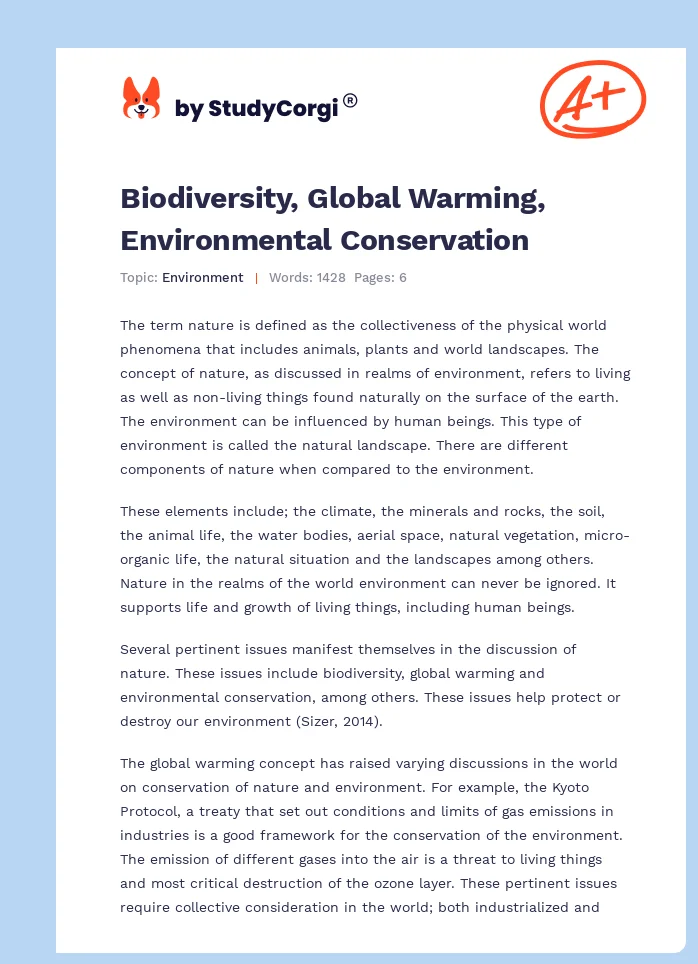Biodiversity, Global Warming, Environmental Conservation. Page 1