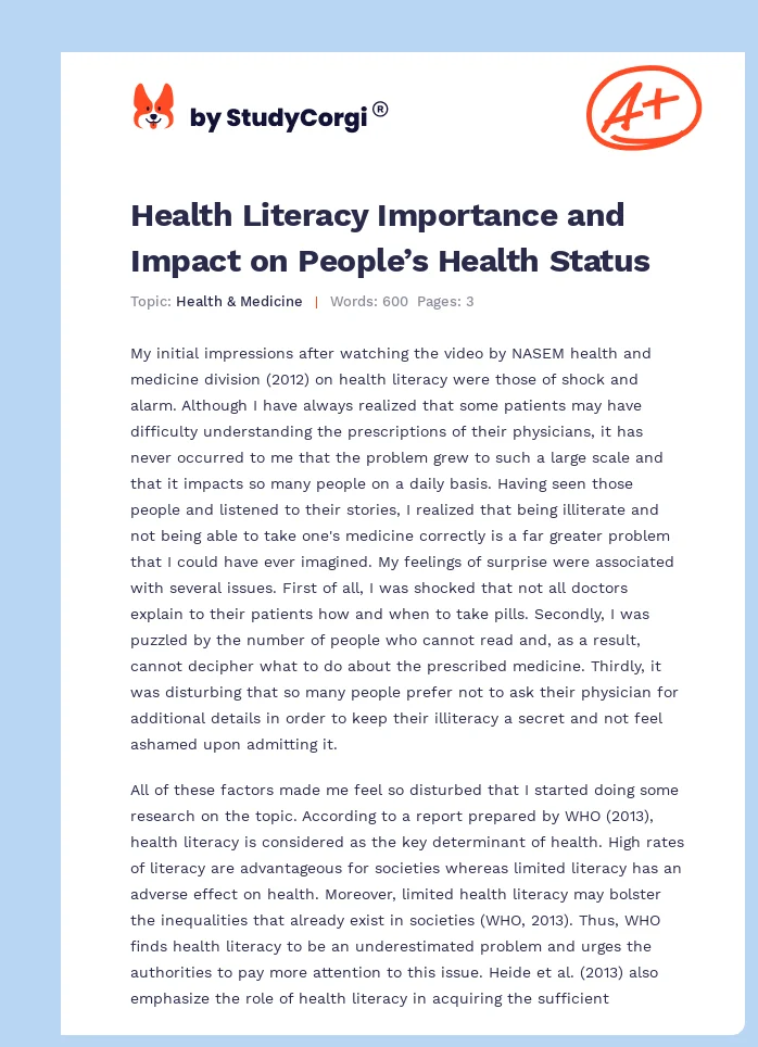 Health Literacy Importance and Impact on People’s Health Status. Page 1