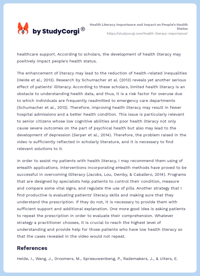 Health Literacy Importance and Impact on People’s Health Status. Page 2