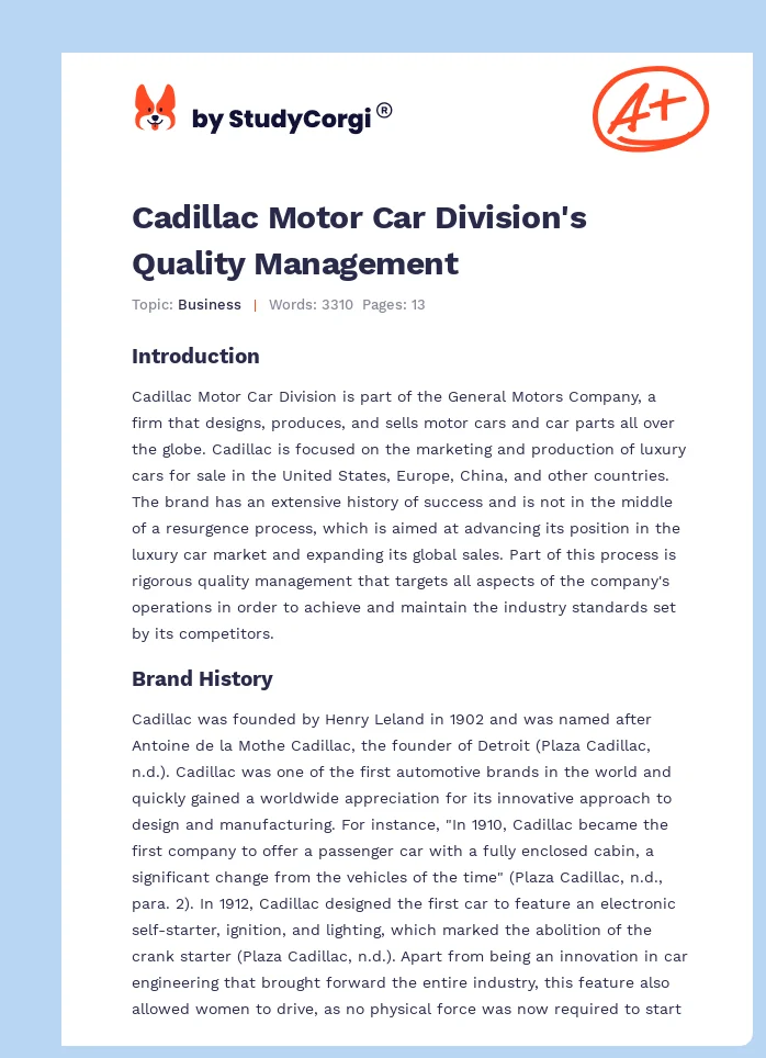 Cadillac Motor Car Division's Quality Management. Page 1