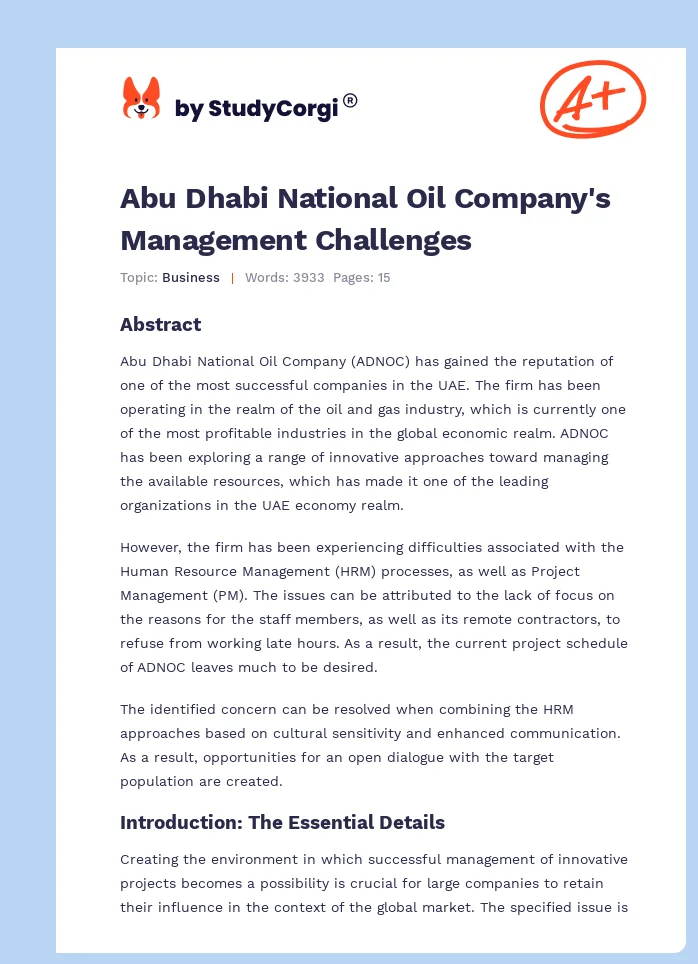 Abu Dhabi National Oil Company's Management Challenges. Page 1