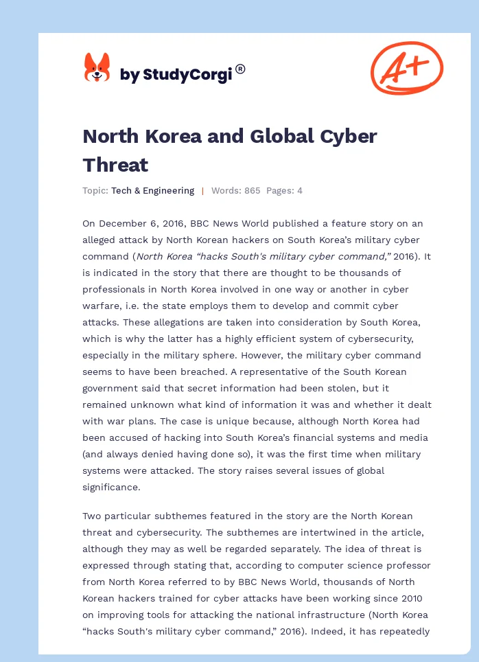 North Korea and Global Cyber Threat. Page 1