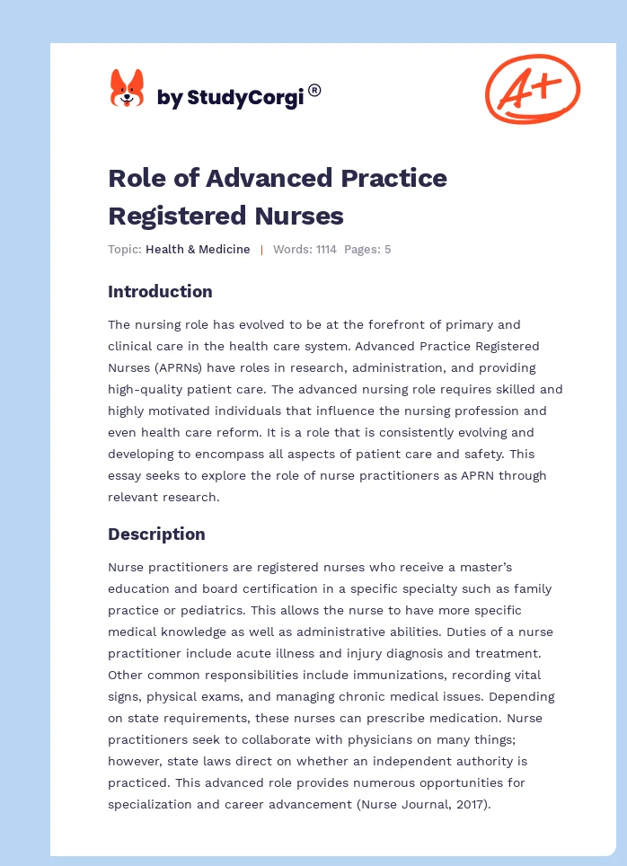 Role of Advanced Practice Registered Nurses. Page 1