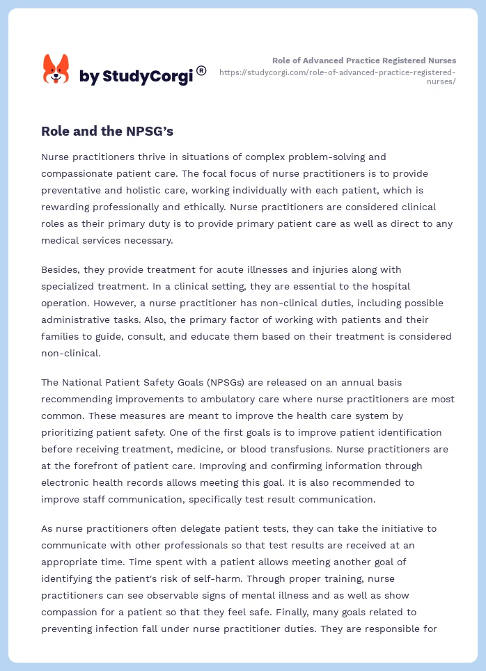 Role of Advanced Practice Registered Nurses. Page 2