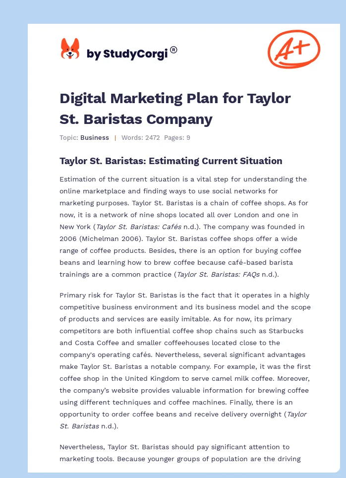 Digital Marketing Plan for Taylor St. Baristas Company. Page 1