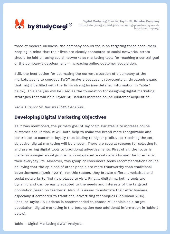 Digital Marketing Plan for Taylor St. Baristas Company. Page 2