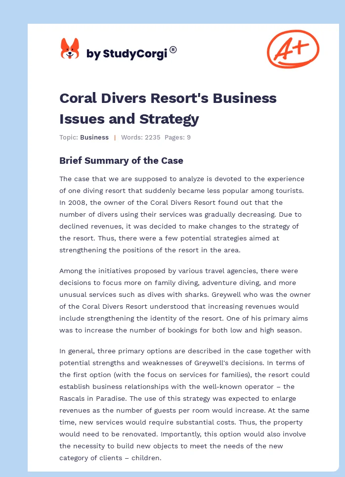 Coral Divers Resort's Business Issues and Strategy. Page 1