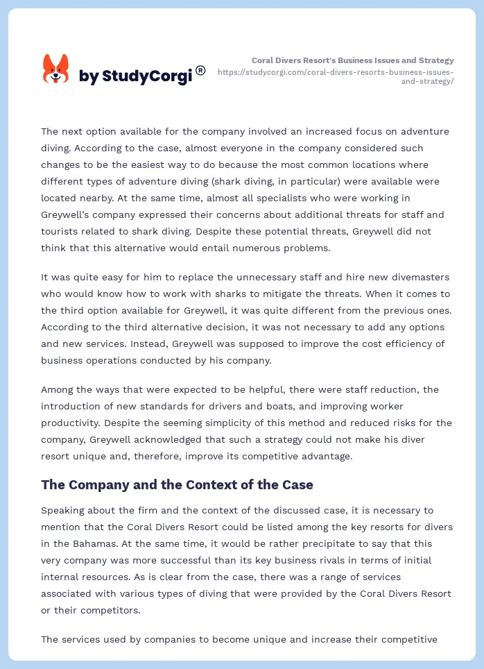Coral Divers Resort's Business Issues and Strategy. Page 2