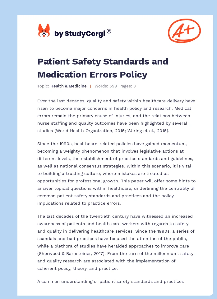 Patient Safety Standards and Medication Errors Policy. Page 1