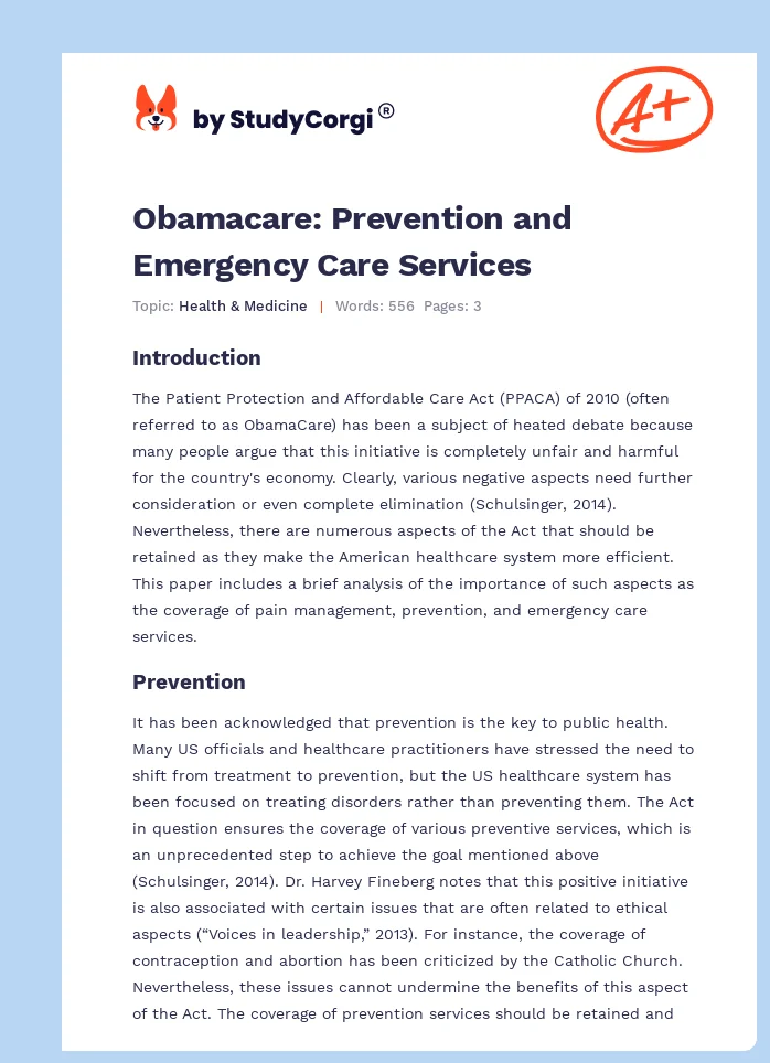 Obamacare: Prevention and Emergency Care Services. Page 1