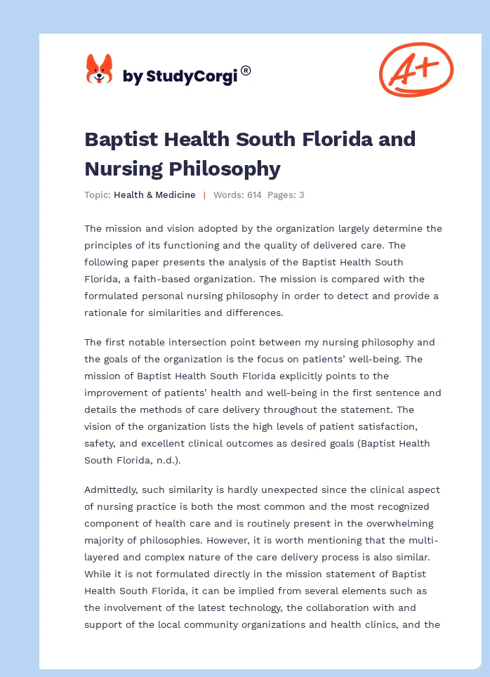 Baptist Health South Florida and Nursing Philosophy. Page 1