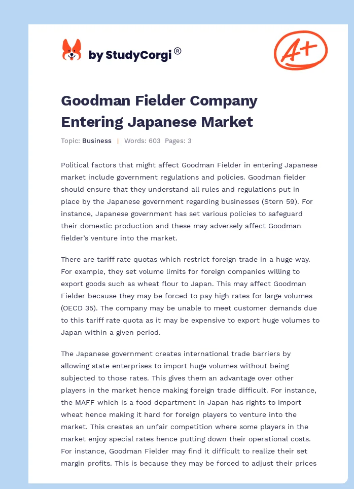 Goodman Fielder Company Entering Japanese Market. Page 1