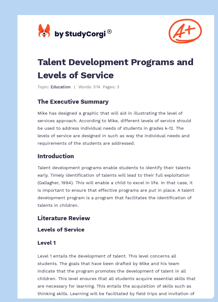Talent Development Programs and Levels of Service. Page 1