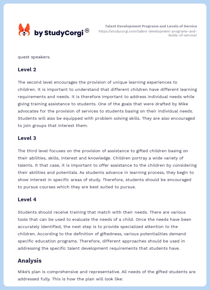 Talent Development Programs and Levels of Service. Page 2