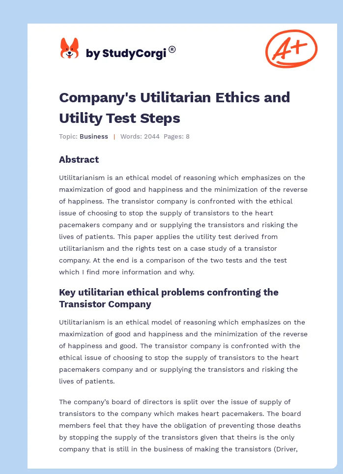 Company's Utilitarian Ethics and Utility Test Steps. Page 1