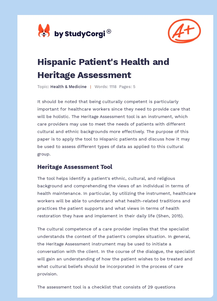 Hispanic Patient's Health and Heritage Assessment. Page 1