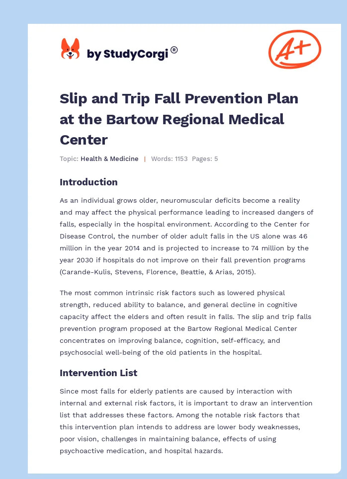 Slip and Trip Fall Prevention Plan at the Bartow Regional Medical Center. Page 1