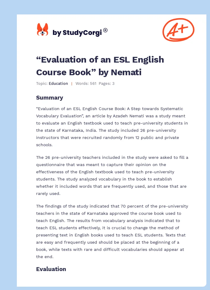 “Evaluation of an ESL English Course Book” by Nemati. Page 1