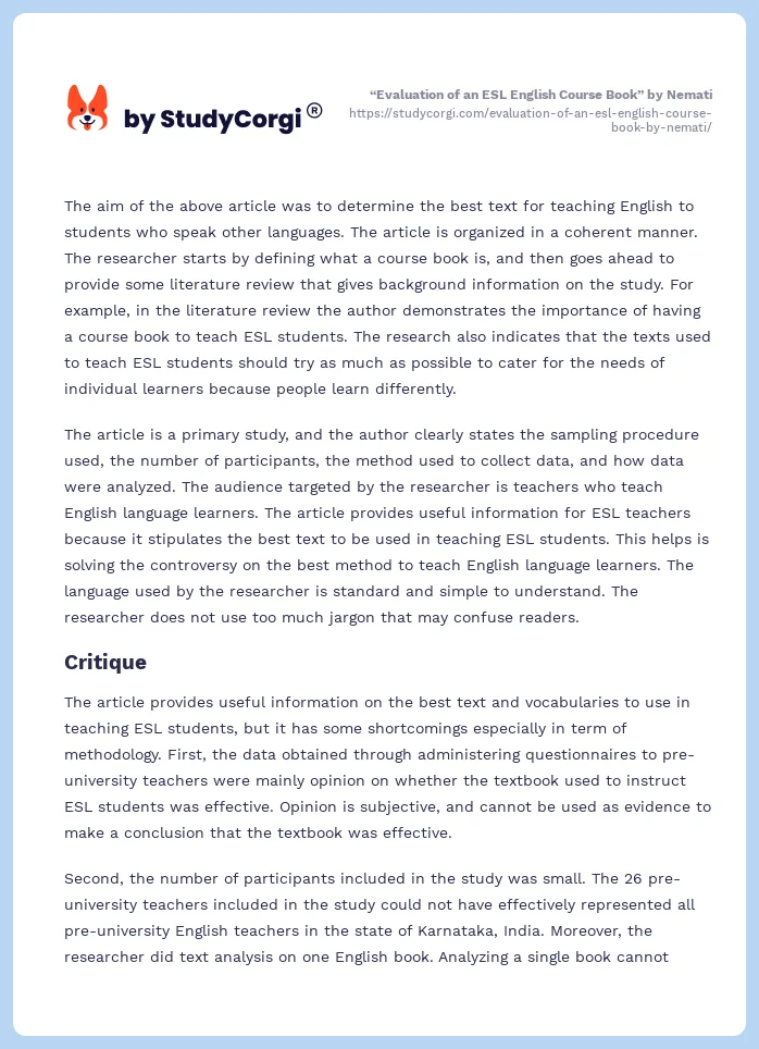 “Evaluation of an ESL English Course Book” by Nemati. Page 2