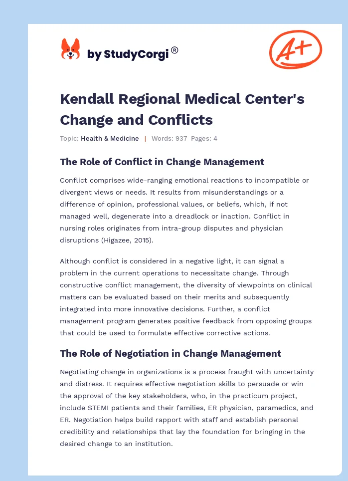 Kendall Regional Medical Center's Change and Conflicts. Page 1