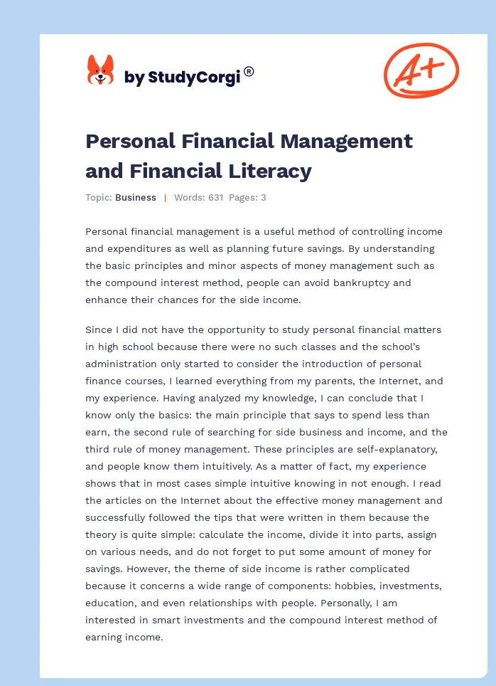 Personal Financial Management and Financial Literacy. Page 1