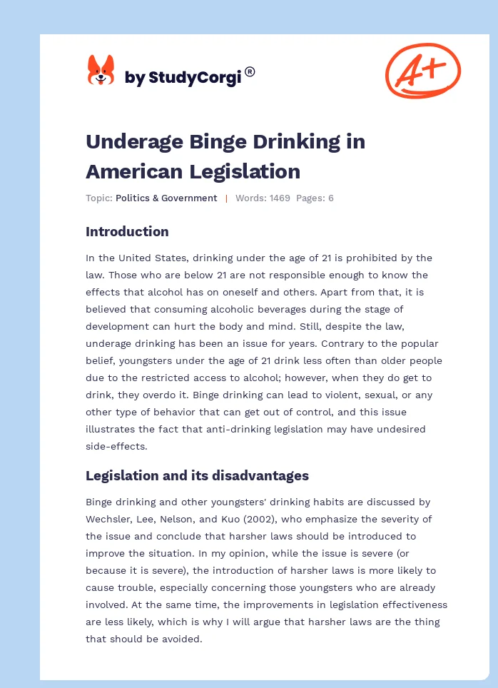 Underage Binge Drinking in American Legislation. Page 1