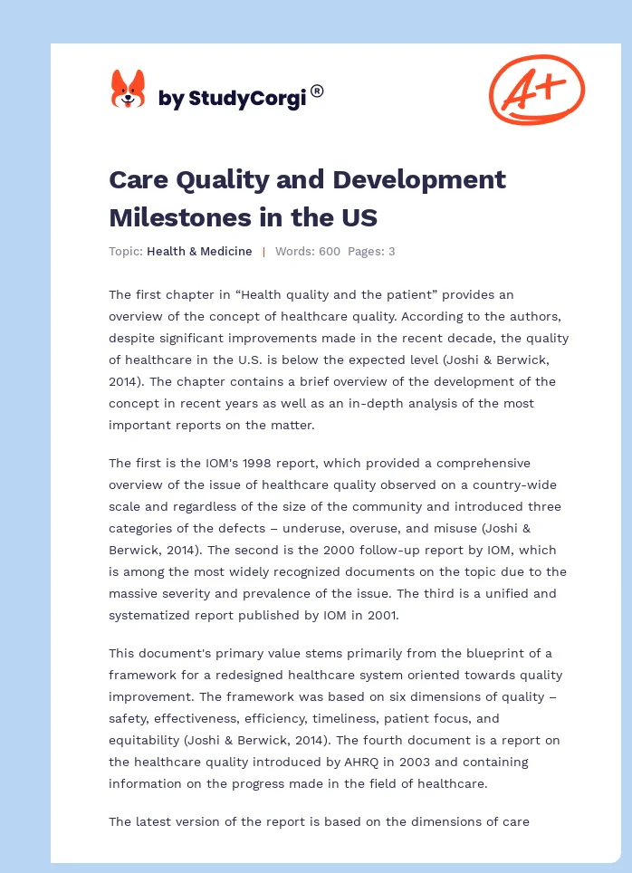 Care Quality and Development Milestones in the US. Page 1