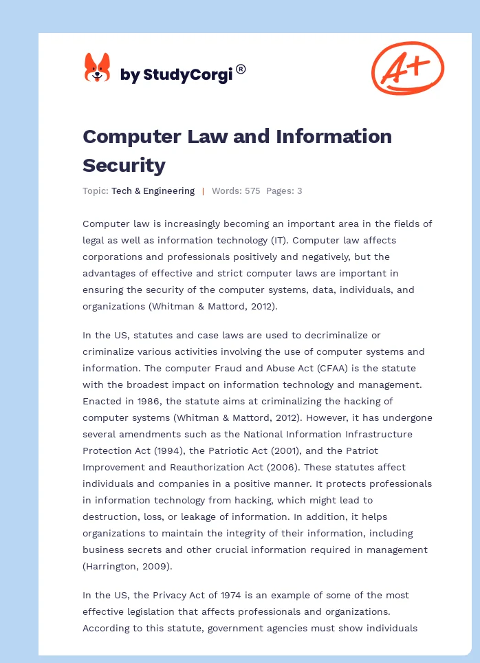 Computer Law and Information Security. Page 1