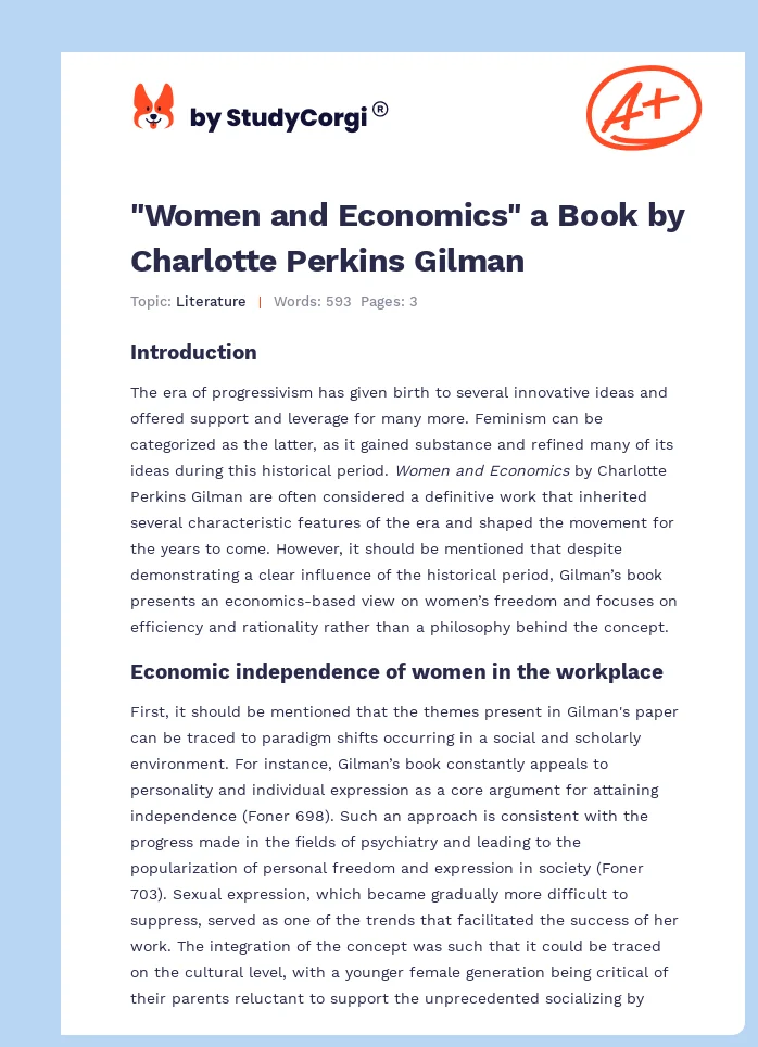"Women and Economics" a Book by Charlotte Perkins Gilman. Page 1