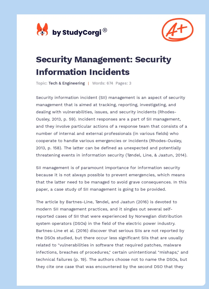 Security Management: Security Information Incidents. Page 1
