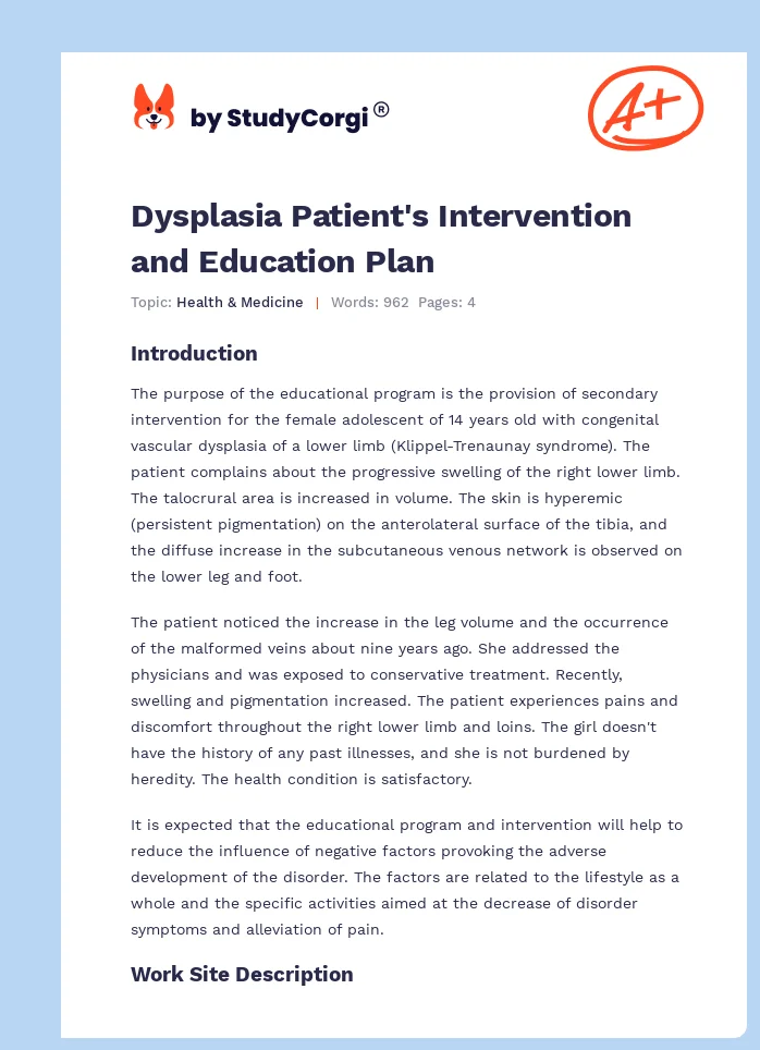 Dysplasia Patient's Intervention and Education Plan. Page 1