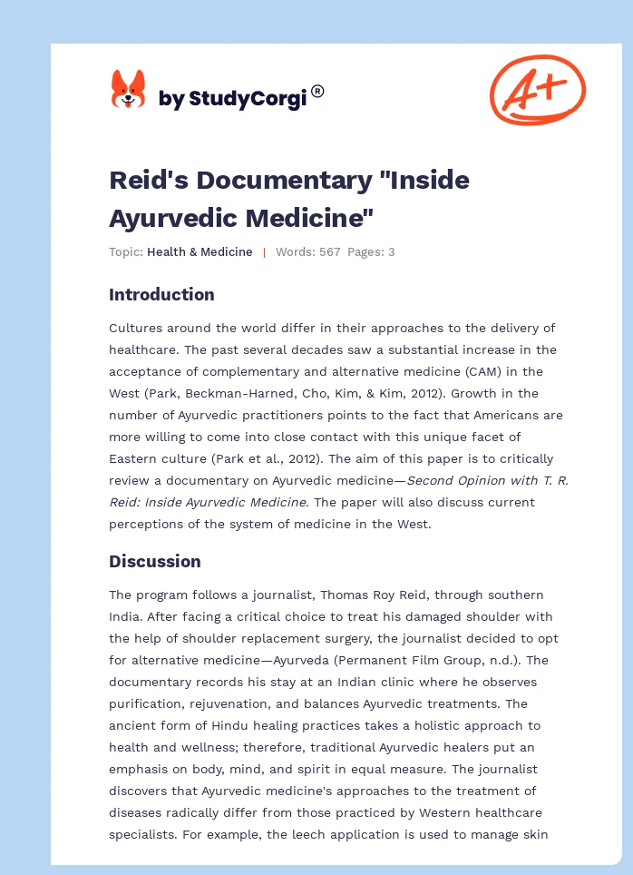Reid's Documentary "Inside Ayurvedic Medicine". Page 1