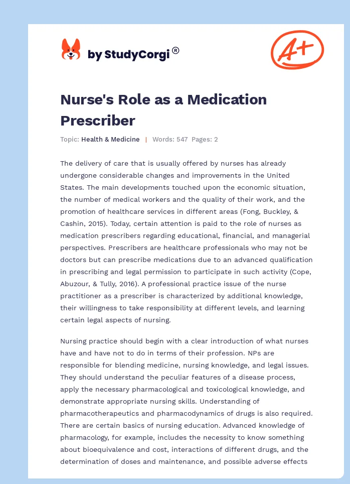 Nurse's Role as a Medication Prescriber. Page 1