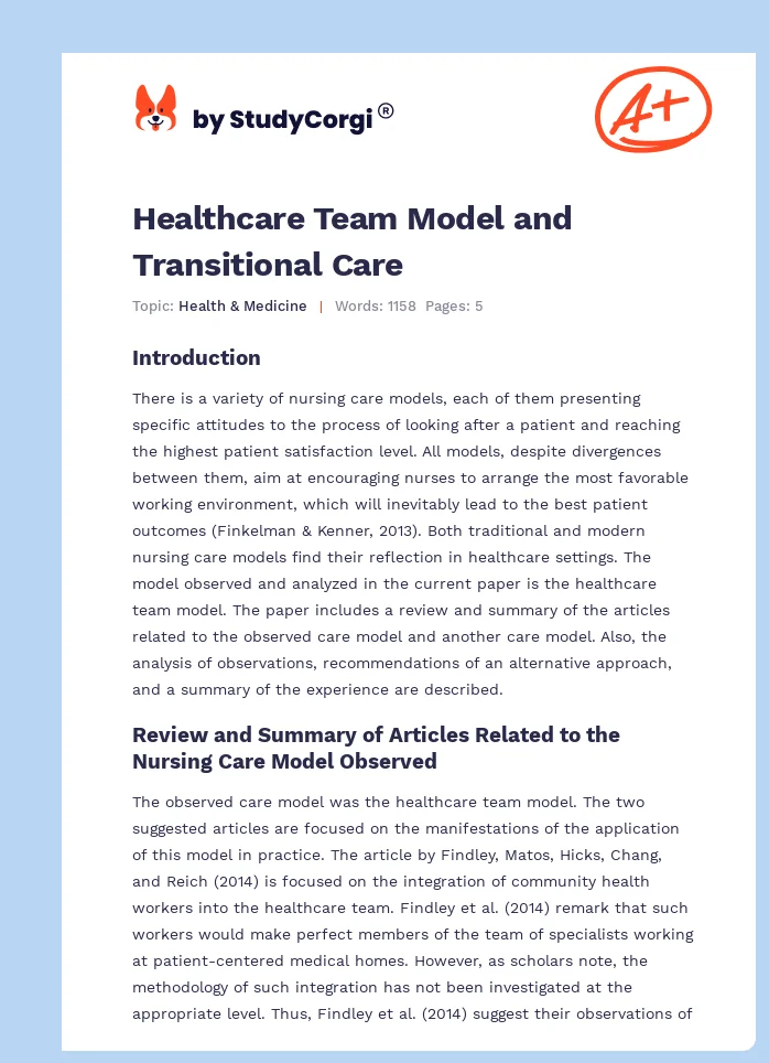 Healthcare Team Model and Transitional Care. Page 1